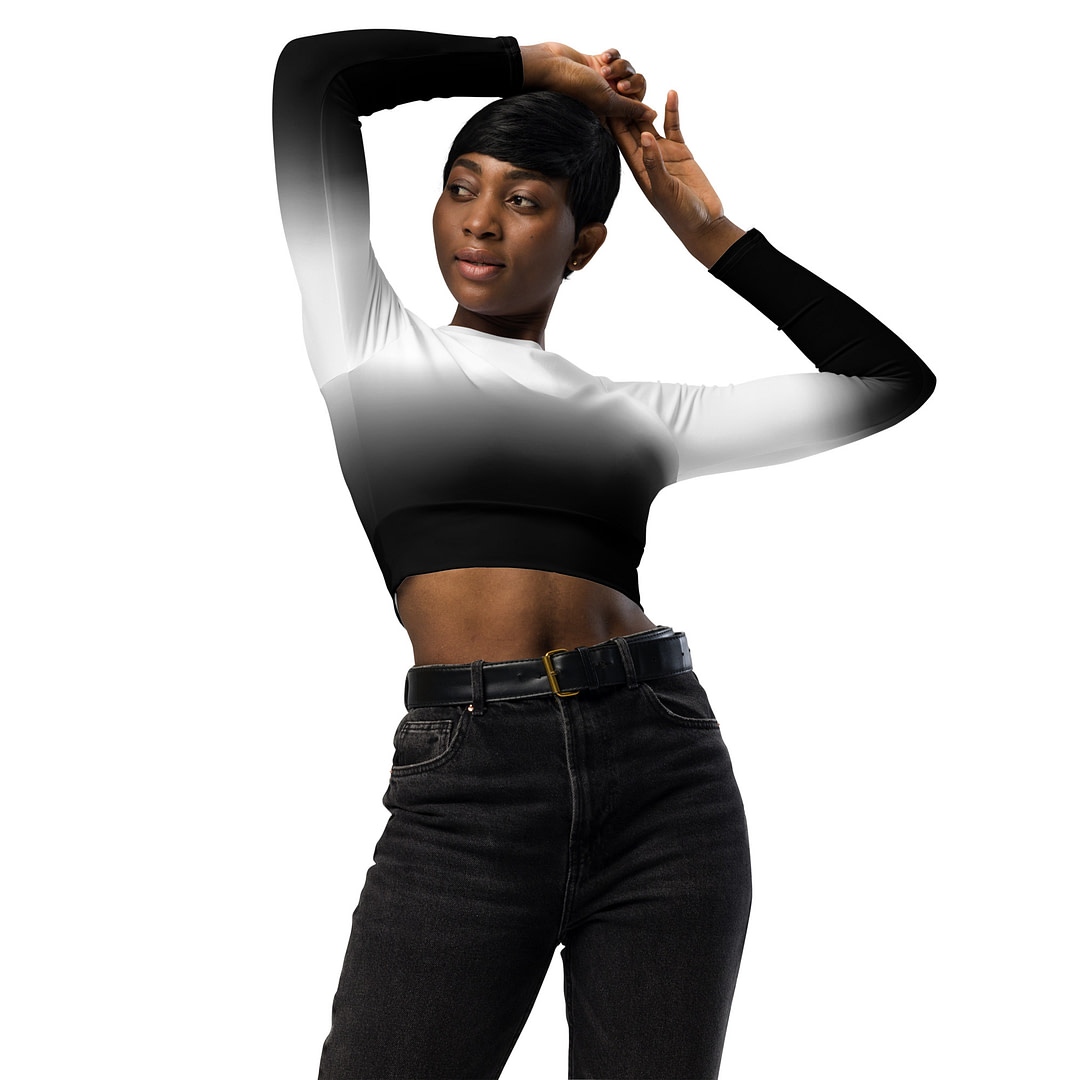 Gradient White to Black  long-sleeve crop top - Image 2